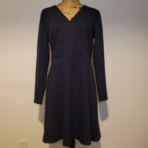 LOFT Navy Geo Dot Jacquard V-neck Long Sleeve Knit Wrap Dress - Picture 2 of 8